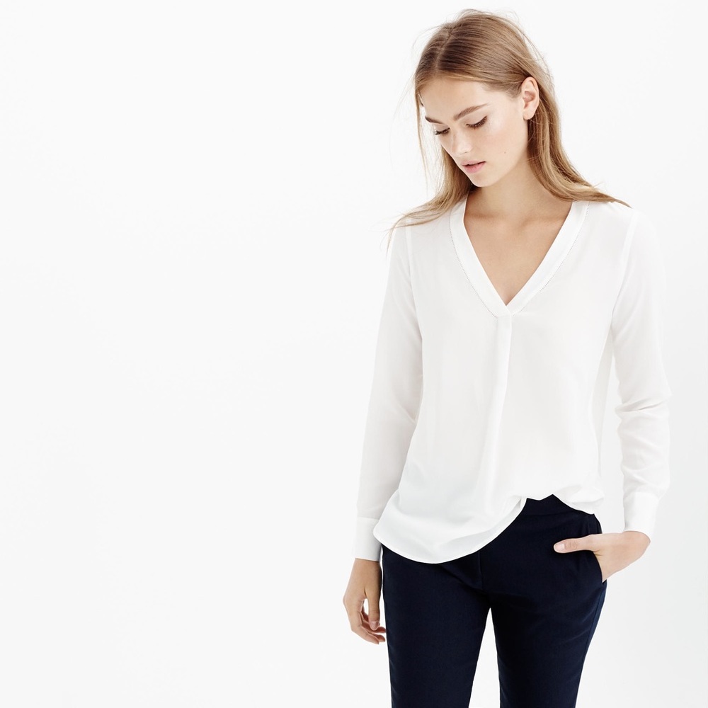 J. Crew Silk Drapey V-Neck Cream Blouse